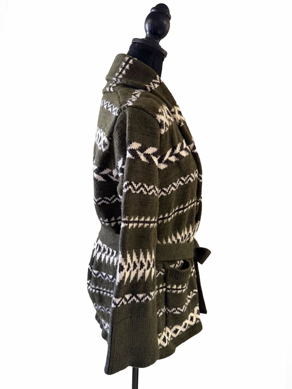 Polo Ralph Lauren Women Medium Fair Isle Belted Cardigan Olive Wool Linen Preppy - Picture 2 of 9